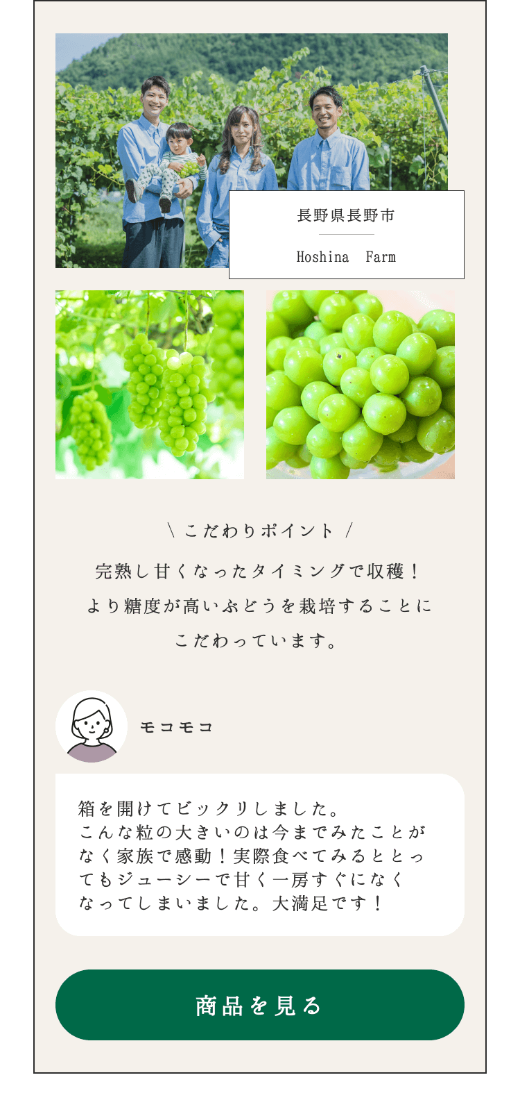 長野県長野市 Hoshina Farm こだわりポイント 完熟し甘くなったタイミングで収穫！より糖度が高いぶどうを栽培することにこだわっています。 商品を見る